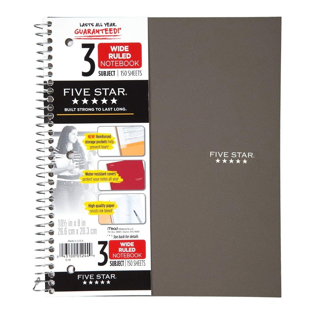 Five Star Spiral Notebook, 3 Subject, Wide Ruled Paper, 150 Sheets, Assorted Colors, 1 Ea